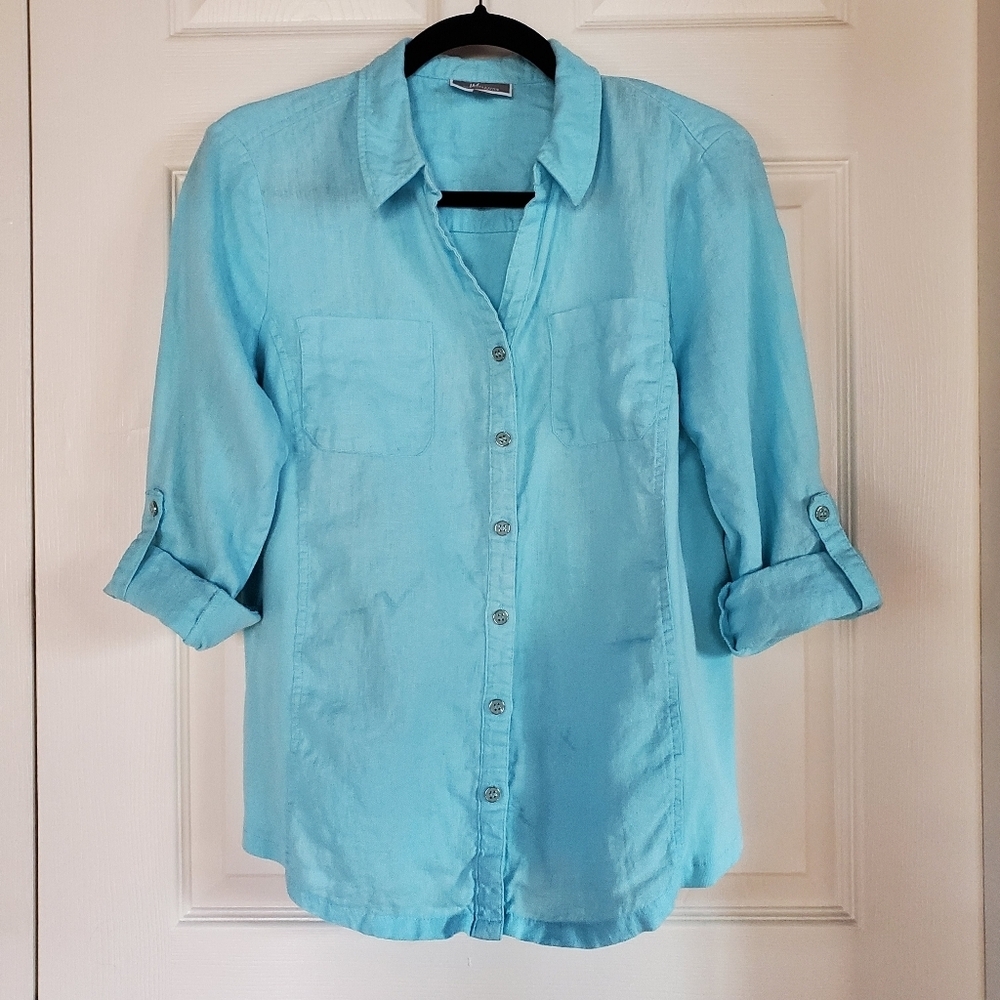 JM Collection‎ Linen Button-up Blouse Roll-up Sleeves Teal Size 10P With Pockets